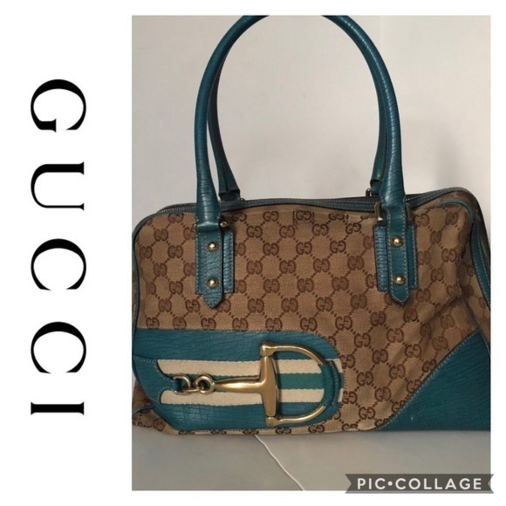 GUCCI Monogram Horsebit Hasler Canvas Tote Handbag